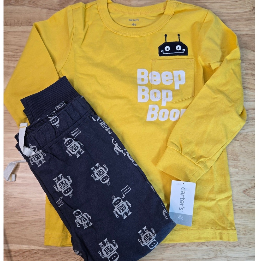 Carters Toddler Boys 4T Robot 2 Piece Pants Set Yellow Beep Bop Boop NWT